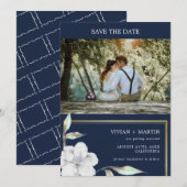 ネイビーブルーと金ゴールドフレームフローラ写真結婚の セーブザデート (正面/裏面)