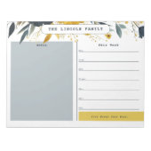 ネイビーブルーと金ゴールドフローラウィークリーカレンダーメモ帳 ノートパッド (正面)