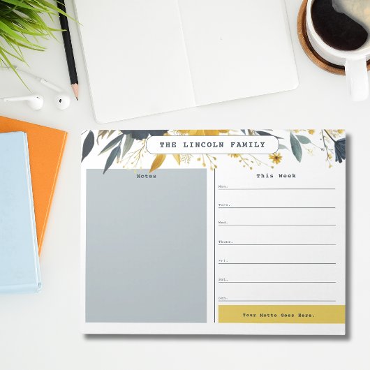 ネイビーブルーと金ゴールドフローラウィークリーカレンダーメモ帳 ノートパッド