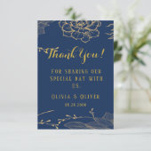 ネイビーブルーと金ゴールドフローラカスタムウェディング サンキューカード (スタンド正面)