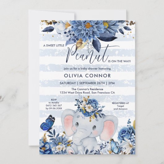 ネイビーブルーと金ゴールドフローラゾウ男の赤ちゃんシャワー 招待状 (正面)