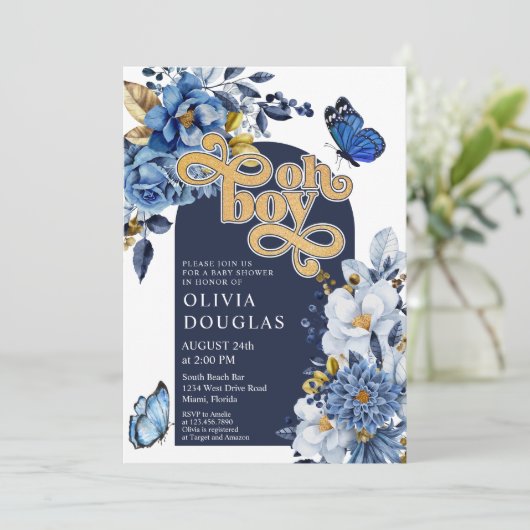 ネイビーブルーと金ゴールドフローラバタフライベビーシャワー 招待状 (スタンド正面)
