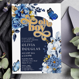 ネイビーブルーと金ゴールドフローラバタフライベビーシャワー 招待状