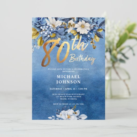 ネイビーブルーと金ゴールドフローラバラ80誕生日 招待状 (スタンド正面)