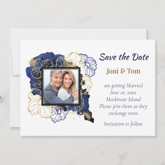 ネイビーブルーと金ゴールドフローラ写真の保存日付 セーブザデート (正面)