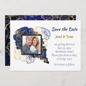 ネイビーブルーと金ゴールドフローラ写真の保存日付 セーブザデート (正面/裏面)