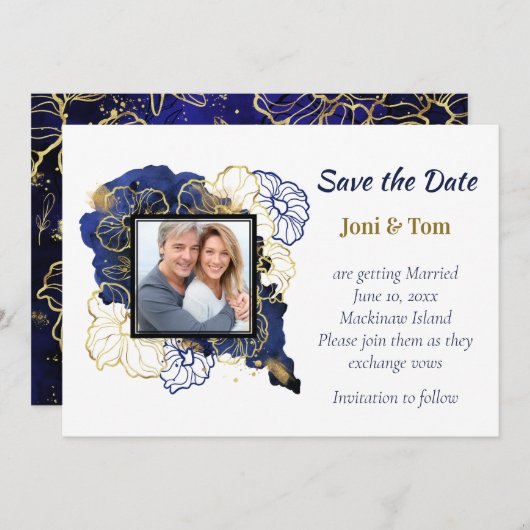 ネイビーブルーと金ゴールドフローラ写真の保存日付 セーブザデート (正面/裏面)