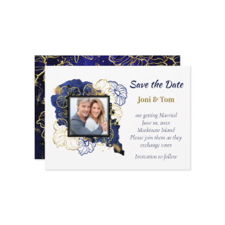 ネイビーブルーと金ゴールドフローラ写真の保存日付 セーブザデート