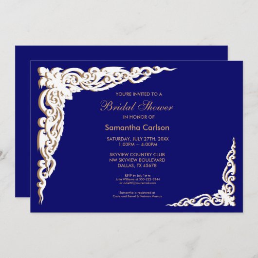 ネイビーブルーと金ゴールドブライダルシャワー招待状 招待状 (正面/裏面)