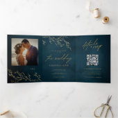 ネイビーブルーと金ゴールドボタニカルエレガントな結婚式 三つ折り招待状 (内部)