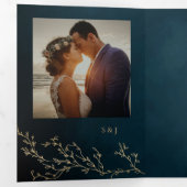 ネイビーブルーと金ゴールドボタニカルエレガントな結婚式 三つ折り招待状 (内部最初)