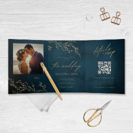 ネイビーブルーと金ゴールドボタニカルエレガントな結婚式 三つ折り招待状