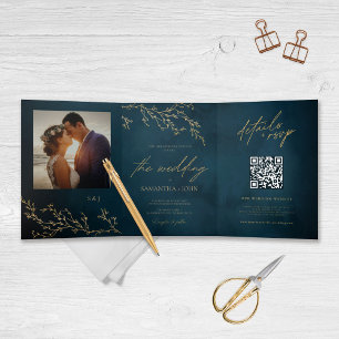 ネイビーブルーと金ゴールドボタニカルエレガントな結婚式 三つ折り招待状