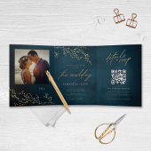 ネイビーブルーと金ゴールドボタニカルエレガントな結婚式 三つ折り招待状