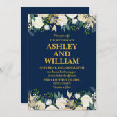 ネイビーブルーと金ゴールドボホボヘミアン結婚グリーン 招待状 (正面/裏面)