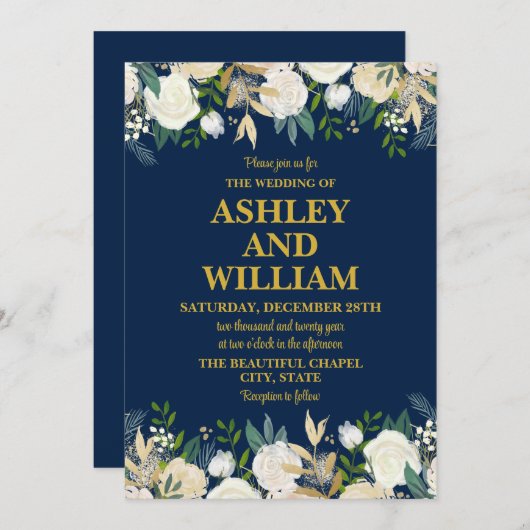 ネイビーブルーと金ゴールドボホボヘミアン結婚グリーン 招待状 (正面/裏面)