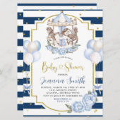 ネイビーブルーと金ゴールドボーイ回転木馬ベビーシャワー招待状 招待状 (正面/裏面)