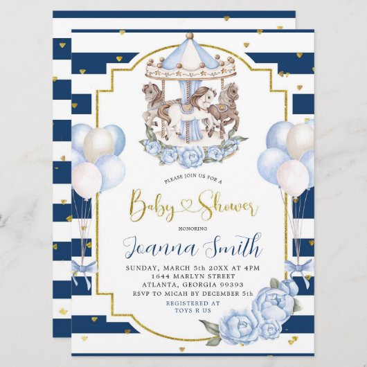 ネイビーブルーと金ゴールドボーイ回転木馬ベビーシャワー招待状 招待状 (正面/裏面)