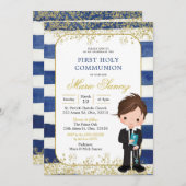 ネイビーブルーと金ゴールドボーイ第1聖餐式 招待状 (正面/裏面)