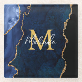 ネイビーブルーと金ゴールドマーブルゲート ガラスコースター