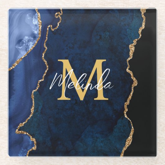 ネイビーブルーと金ゴールドマーブルゲート ガラスコースター (正面)