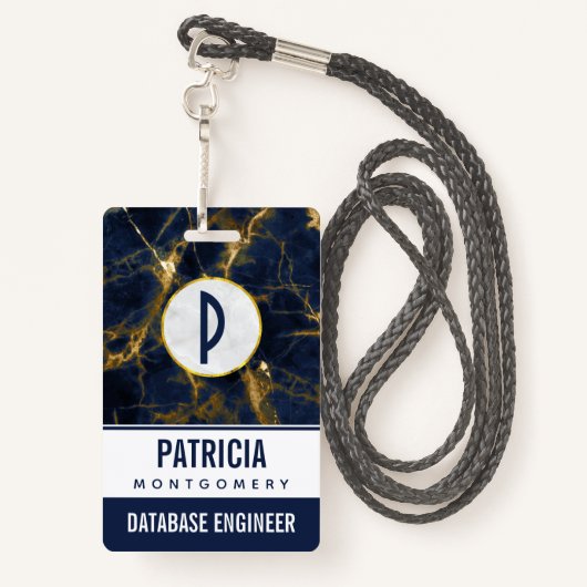 ネイビーブルーと金ゴールドマーブルモダンスタイリッシュ バッジ (裏面ランヤード)