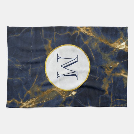 ネイビーブルーと金ゴールドマーブルモノグラスタイリッシュム キッチンタオル (横)