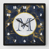 ネイビーブルーと金ゴールドマーブルモノグラスタイリッシュム スクエア壁時計 (正面)