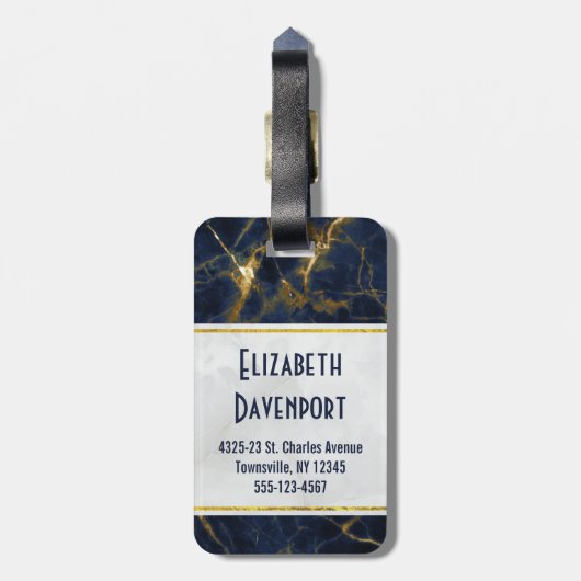 ネイビーブルーと金ゴールドマーブルモノグラスタイリッシュム ラゲッジタグ (裏面縦)