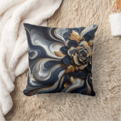 ネイビーブルーと金ゴールドマーブル絵画の抽象芸術 クッション (ブランケット)