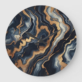 ネイビーブルーと金ゴールドマーブル絵画の抽象芸術 ラージ壁時計