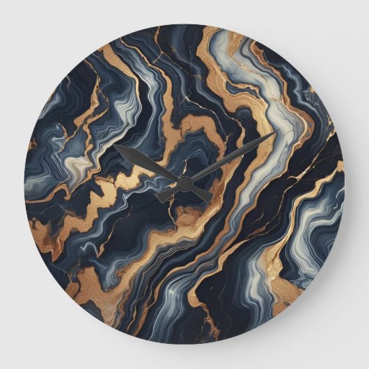ネイビーブルーと金ゴールドマーブル絵画の抽象芸術 ラージ壁時計 (正面)