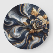 ネイビーブルーと金ゴールドマーブル絵画の抽象芸術 ラージ壁時計 (正面)