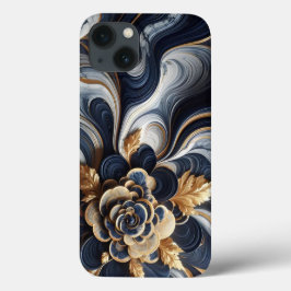 ネイビーブルーと金ゴールドマーブル絵画の抽象芸術 iPhone 13ケース