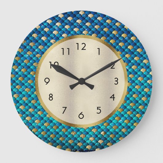 ネイビーブルーと金ゴールドマーメイドはかりで測 ラージ壁時計 (正面)