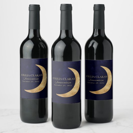 ネイビーブルーと金ゴールドムーンキンセニェラ ワインラベル (ボトル)