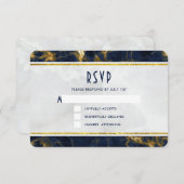 ネイビーブルーと金ゴールドモダンマーブル結婚ズ 出欠カード (正面/裏面)