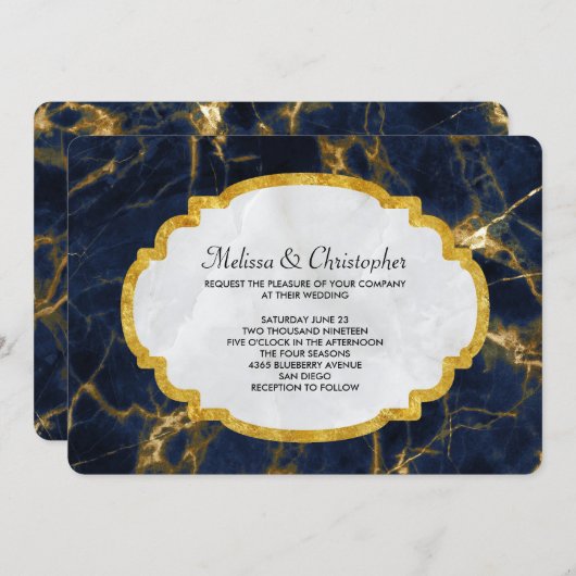 ネイビーブルーと金ゴールドモダンマーブル結婚ズ 招待状 (正面/裏面)