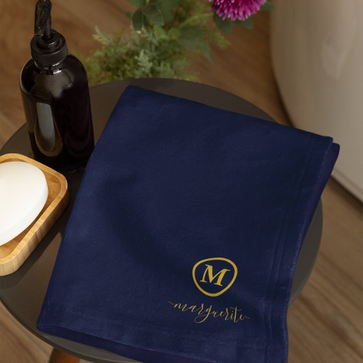 ネイビーブルーと金ゴールドモノグラム バスタオルセット