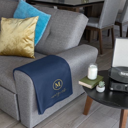 ネイビーブルーと金ゴールドモノグラム フリースブランケット