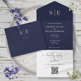 ネイビーブルーと金ゴールドモノグラムQRコード結婚s オールインワン招待状