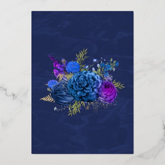 ネイビーブルーと金ゴールドヴィンテージのフローラ結婚のフォイル 箔招待状 (裏面)