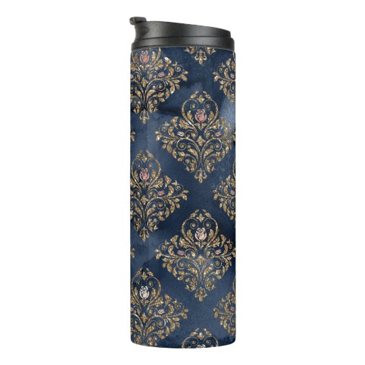 ネイビーブルーと金ゴールドヴィンテージダマスクパターン タンブラー (回転右)