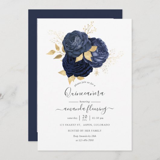 ネイビーブルーと金ゴールドヴィンテージバラキンセニェラ写真 招待状 (正面/裏面)
