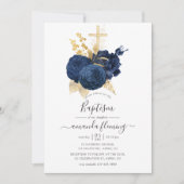 ネイビーブルーと金ゴールドヴィンテージバラバプテスマ 招待状 (正面)