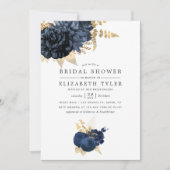 ネイビーブルーと金ゴールドヴィンテージバラブライダルシャワー 招待状 (正面)