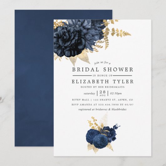 ネイビーブルーと金ゴールドヴィンテージバラブライダルシャワー 招待状 (正面/裏面)