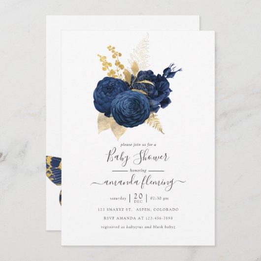 ネイビーブルーと金ゴールドヴィンテージバラベビーシャワー 招待状 (正面/裏面)