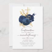 ネイビーブルーと金ゴールドヴィンテージバラ確認 招待状 (正面)