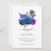 ネイビーブルーと金ゴールドヴィンテージピーコックフローラ誕生日 招待状 (正面)